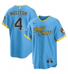 Men Milwaukee Brewers 4 Paul Molitor 2022 Powder Blue City Connect Cool Base Stitched Jersey