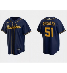 Men Milwaukee Brewers 51 Freddy Peralta Navy Cool Base Stitched Jersey