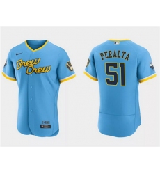 Men Milwaukee Brewers 51 Freddy Peralta Powder Blue 2022 City Connect Flex Base Stitched MLB Jersey