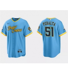 Men Milwaukee Brewers 51 Freddy Peralta Powder Blue City Connect Cool Base Stitched Jersey