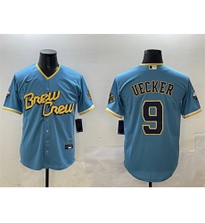 Men Milwaukee Brewers 9 Bob Uecker Powder Blue City Connect With Patch Cool Base Stitched Jersey