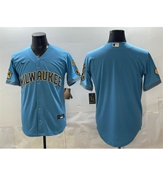 Men Milwaukee Brewers Blank Blue With Home   Bob Uecker Patch Stitched Baseball Jersey