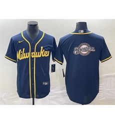 Men Milwaukee Brewers Navy Team Big Logo Cool Base Stitched Jersey