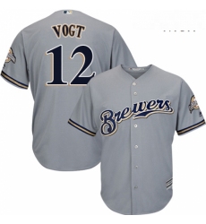 Mens Majestic Milwaukee Brewers 12 Stephen Vogt Replica Grey Road Cool Base MLB Jersey 