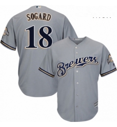 Mens Majestic Milwaukee Brewers 18 Eric Sogard Replica Grey Road Cool Base MLB Jersey 