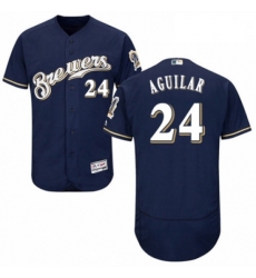 Mens Majestic Milwaukee Brewers 24 Jesus Aguilar Navy Blue Alternate Flex Base Authentic Collection MLB Jersey