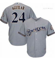 Mens Majestic Milwaukee Brewers 24 Jesus Aguilar Replica Grey Road Cool Base MLB Jersey 