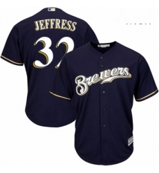 Mens Majestic Milwaukee Brewers 32 Jeremy Jeffress Replica Navy Blue Alternate Cool Base MLB Jersey 