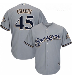 Mens Majestic Milwaukee Brewers 45 Jhoulys Chacin Replica Grey Road Cool Base MLB Jersey 