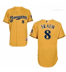 Mens Majestic Milwaukee Brewers 8 Ryan Braun Authentic Gold Cerveceros Cool Base MLB Jersey