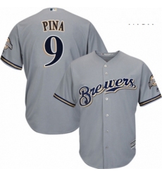 Mens Majestic Milwaukee Brewers 9 Manny Pina Replica Grey Road Cool Base MLB Jersey 