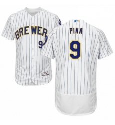 Mens Majestic Milwaukee Brewers 9 Manny Pina White Home Flex Base Authentic Collection MLB Jersey