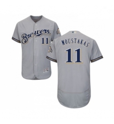 Mens Milwaukee Brewers 11 Mike Moustakas Grey Road Flex Base Authentic Collection Baseball Jersey