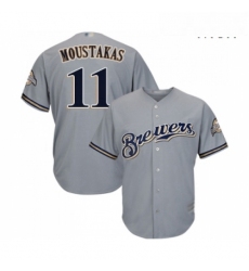 Mens Milwaukee Brewers 11 Mike Moustakas Replica Grey Road Cool Base Baseball Jersey 