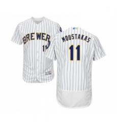 Mens Milwaukee Brewers 11 Mike Moustakas White Home Flex Base Authentic Collection Baseball Jersey