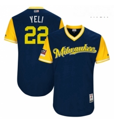 Mens Milwaukee Brewers 22 Christian Yelich Navy Yeli Players Weekend Authentic Stitched MLB Jersey 