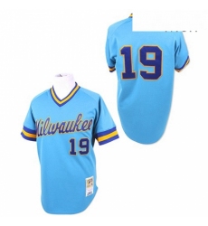Mens Mitchell and Ness Milwaukee Brewers 19 Robin Yount Authentic Blue Throwback MLB Jersey