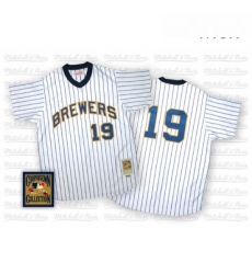 Mens Mitchell and Ness Milwaukee Brewers 19 Robin Yount Authentic WhiteBlue Strip Throwback MLB Jersey