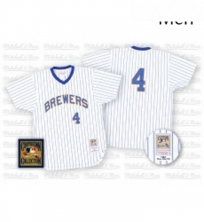 Mens Mitchell and Ness Milwaukee Brewers 4 Paul Molitor Replica WhiteBlue Strip Throwback MLB Jersey