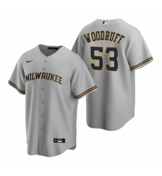 Mens Nike Milwaukee Brewers 53 Brandon Woodruff Gray Road Stitched Baseball Jersey