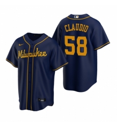 Mens Nike Milwaukee Brewers 58 Alex Claudio Navy Alternate Stitched Baseball Jersey