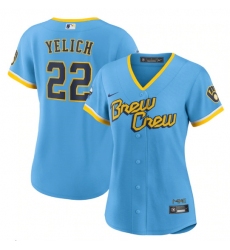 Women Milwaukee Brewers 22 Christian Yelich 2022 Powder Blue City Connect Cool Base Stitched Jersey