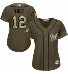 Womens Majestic Milwaukee Brewers 12 Stephen Vogt Replica Green Salute to Service MLB Jersey 