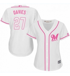 Womens Majestic Milwaukee Brewers 27 Zach Davies Replica White Fashion Cool Base MLB Jersey 