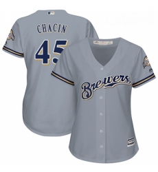 Womens Majestic Milwaukee Brewers 45 Jhoulys Chacin Replica Grey Road Cool Base MLB Jersey 