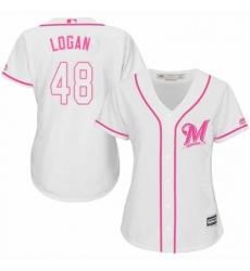 Womens Majestic Milwaukee Brewers 48 Boone Logan Authentic White Fashion Cool Base MLB Jersey 