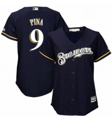Womens Majestic Milwaukee Brewers 9 Manny Pina Authentic White Alternate Cool Base MLB Jersey 