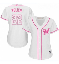 Womens Milwaukee Brewers 22 Christian Yelich White Pink Fashion Stitched MLB Jersey 