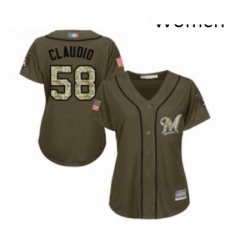 Womens Milwaukee Brewers 58 Alex Claudio Authentic Green Salute to Service Baseball Jersey 