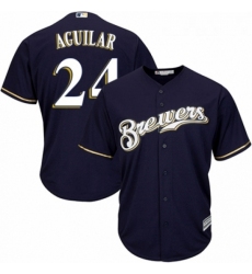 Youth Majestic Milwaukee Brewers 24 Jesus Aguilar Authentic Navy Blue Alternate Cool Base MLB Jersey 