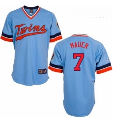 Mens Majestic Minnesota Twins 7 Joe Mauer Authentic Light Blue Cooperstown Throwback MLB Jersey