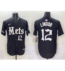 Men New York Mets 12 Francisco Lindor Black  27Gotham Gothic Edition 27 Vapor Premier Limited Stitched Baseball Jersey
