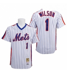 Mens Mitchell and Ness New York Mets 1 Mookie Wilson Authentic WhiteBlue Strip Throwback MLB Jersey