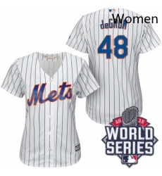 Womens Majestic New York Mets 48 Jacob deGrom Replica WhiteBlue Strip 2015 World Series MLB Jersey