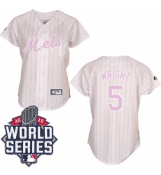 Womens Majestic New York Mets 5 David Wright Authentic WhitePink Strip 2015 World Series MLB Jersey