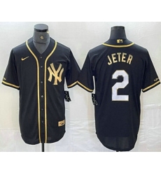 Men New York Yankees 2 Derek Jeter Black Gold Cool Base Stitched Baseball Jersey