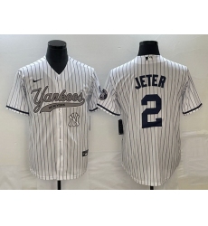 Men New York Yankees 2 Derek Jeter White With Patch Cool Base Stitched Baseball Jersey