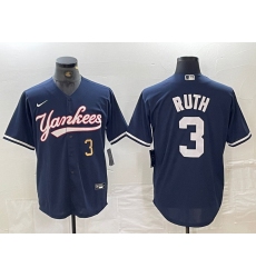 Men New York Yankees 3 Babe Ruth Number Navy Cool Base Stitched Baseball Jersey