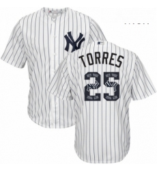 Mens Majestic New York Yankees 25 Gleyber Torres Authentic White Team Logo Fashion MLB Jersey 