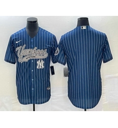 Men's New York Yankees Big Logo Navy Blue Pinstripe Cool Base Stitched Baseball Jerseys