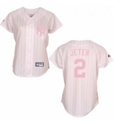 Womens Majestic New York Yankees 2 Derek Jeter Authentic WhitePink Strip MLB Jersey