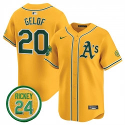 Men Oakland Athletics 20 Zack Gelof Yellow 2024 Limited With Rickey Henderson Patch Stitched Jersey