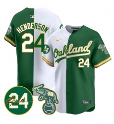 Men Oakland Athletics 24 Ricky Henderson White Green Split 2024 Limited With Patch Stitched Jersey