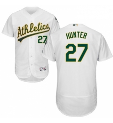 Mens Majestic Oakland Athletics 27 Catfish Hunter White Home Flex Base Authentic Collection MLB Jersey