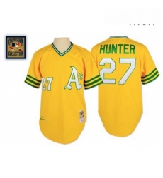 Mens Mitchell and Ness Oakland Athletics 27 Catfish Hunter Authentic Gold Throwback MLB Jersey