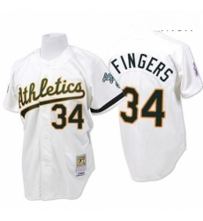 Mens Mitchell and Ness Oakland Athletics 34 Rollie Fingers Replica White Throwback MLB Jersey